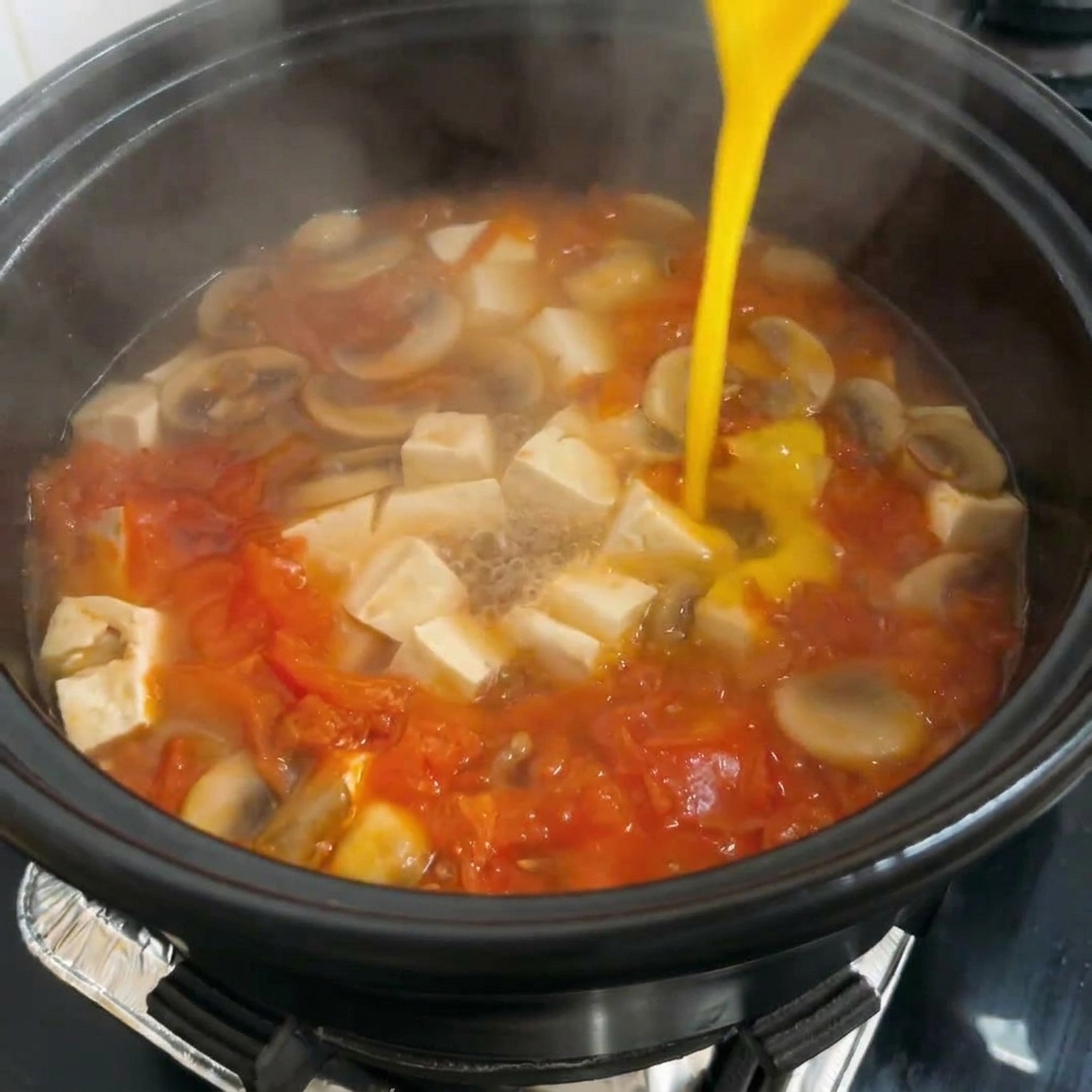 Uovo sbattuto versato nella zuppa bollente, creando nastri di uovo.