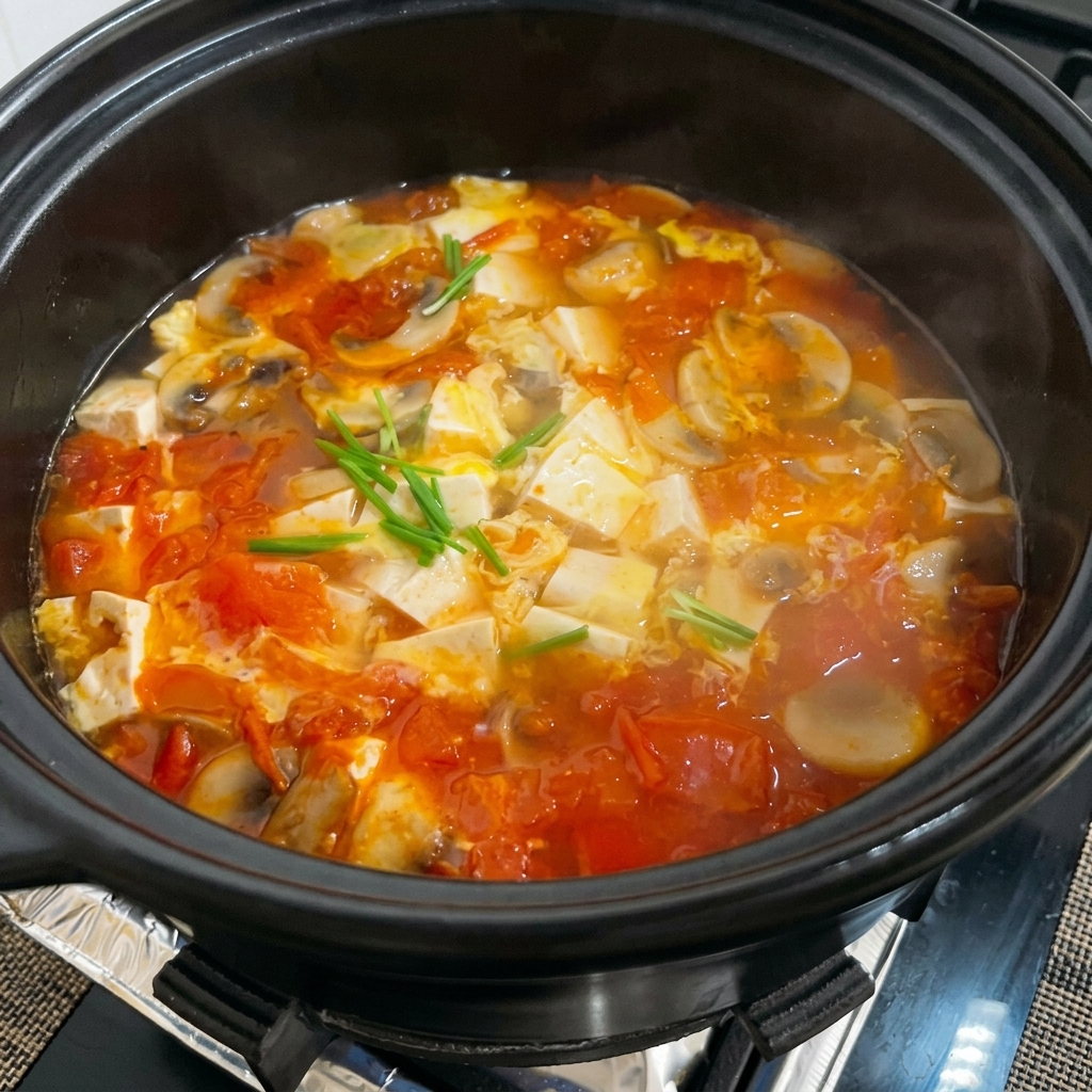 Primo piano di sale cosparso nella zuppa di pomodoro e tofu in ebollizione.