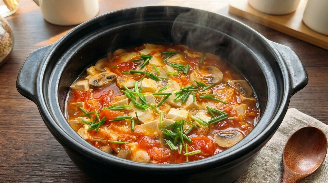 Zuppa sostanziosa di pomodoro, funghi e tofu