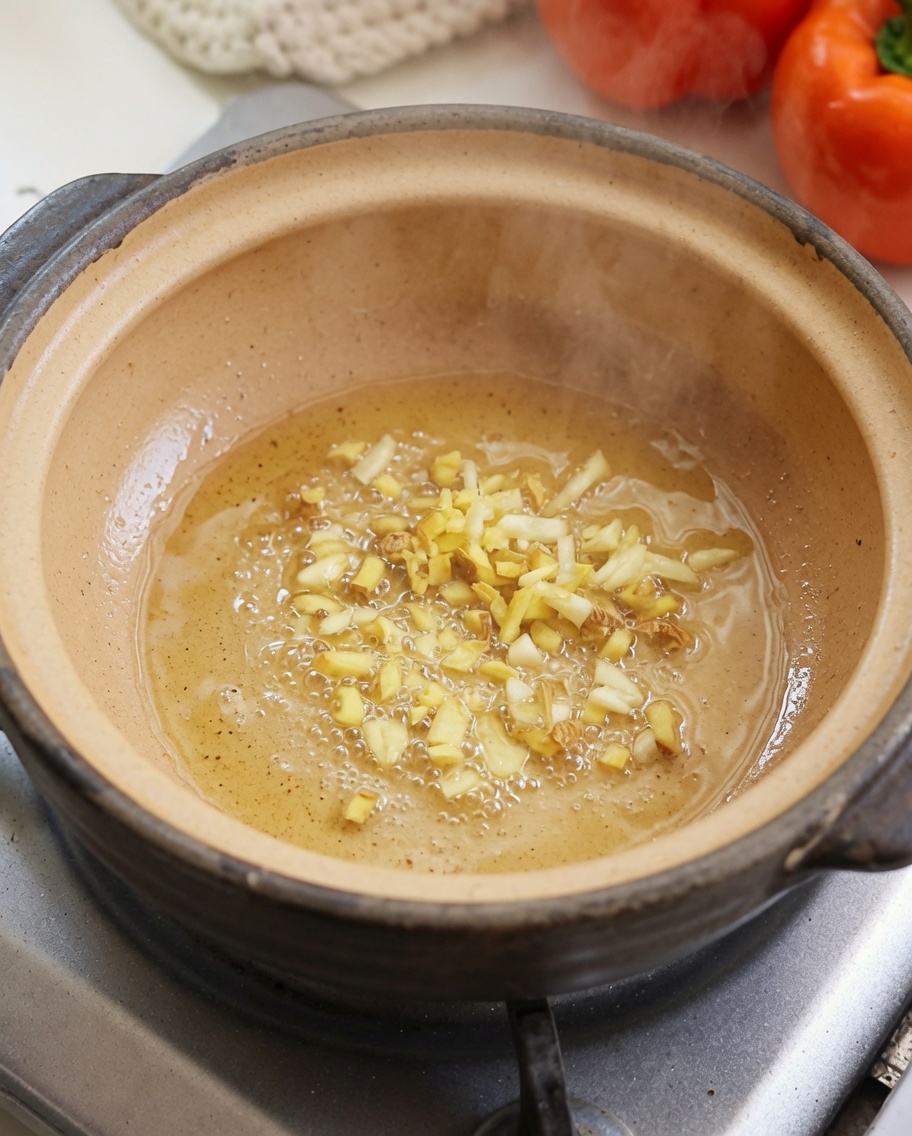 Zenzero e aglio tritati che sfrigolano in una pignatta con olio.
