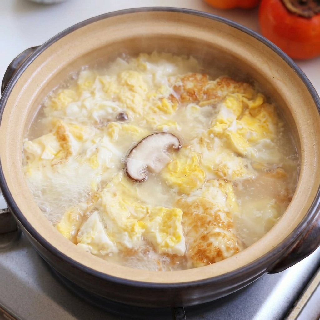 Funghi shiitake, tofu e vongole che sobbollono nel brodo.