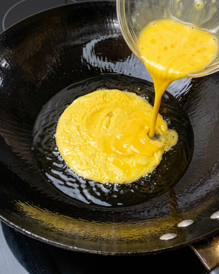 Uova sbattute che cuociono in un wok caldo con olio.