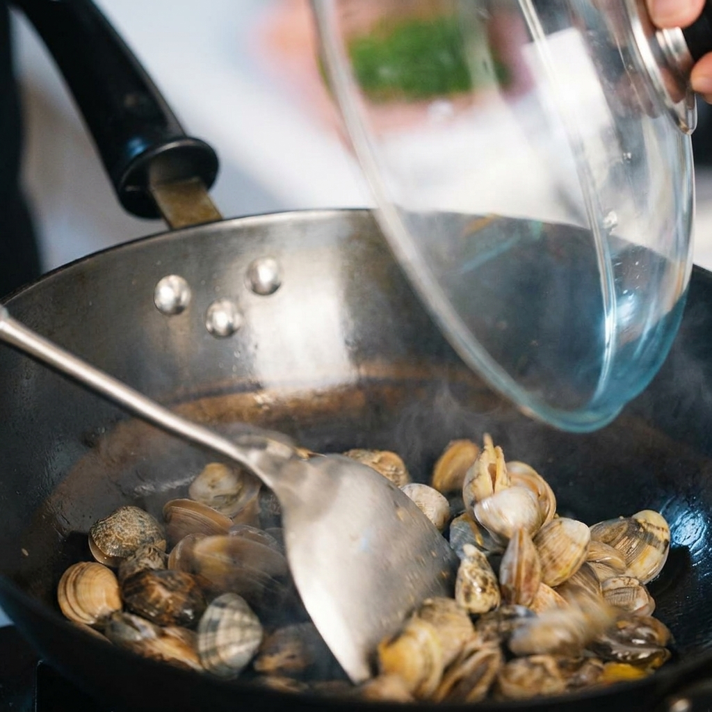 Vongole fresche aggiunte agli aromi nella padella.