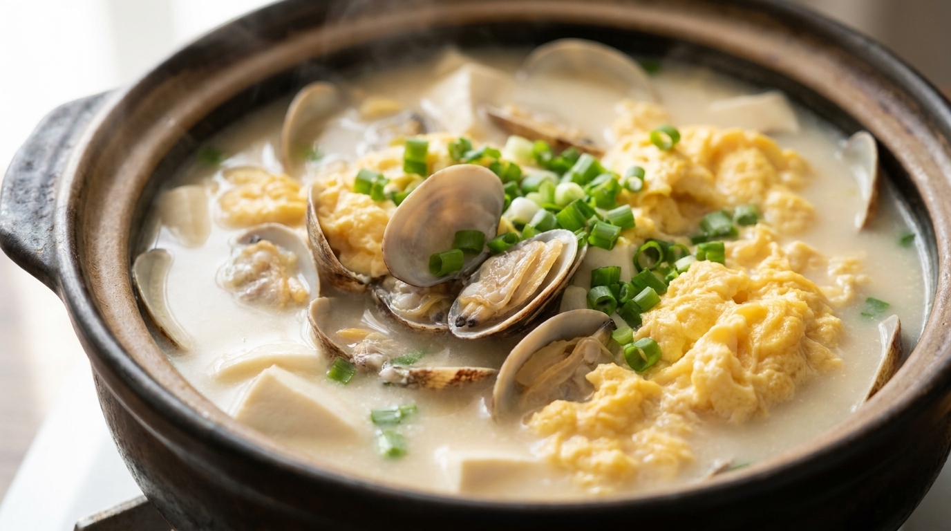 Zuppa lattiginosa di vongole, uova e tofu
