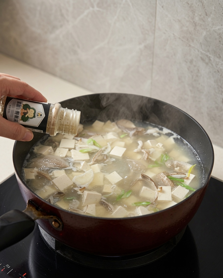 Aggiunta di dado di pollo in polvere alla zuppa usando un cucchiaino.