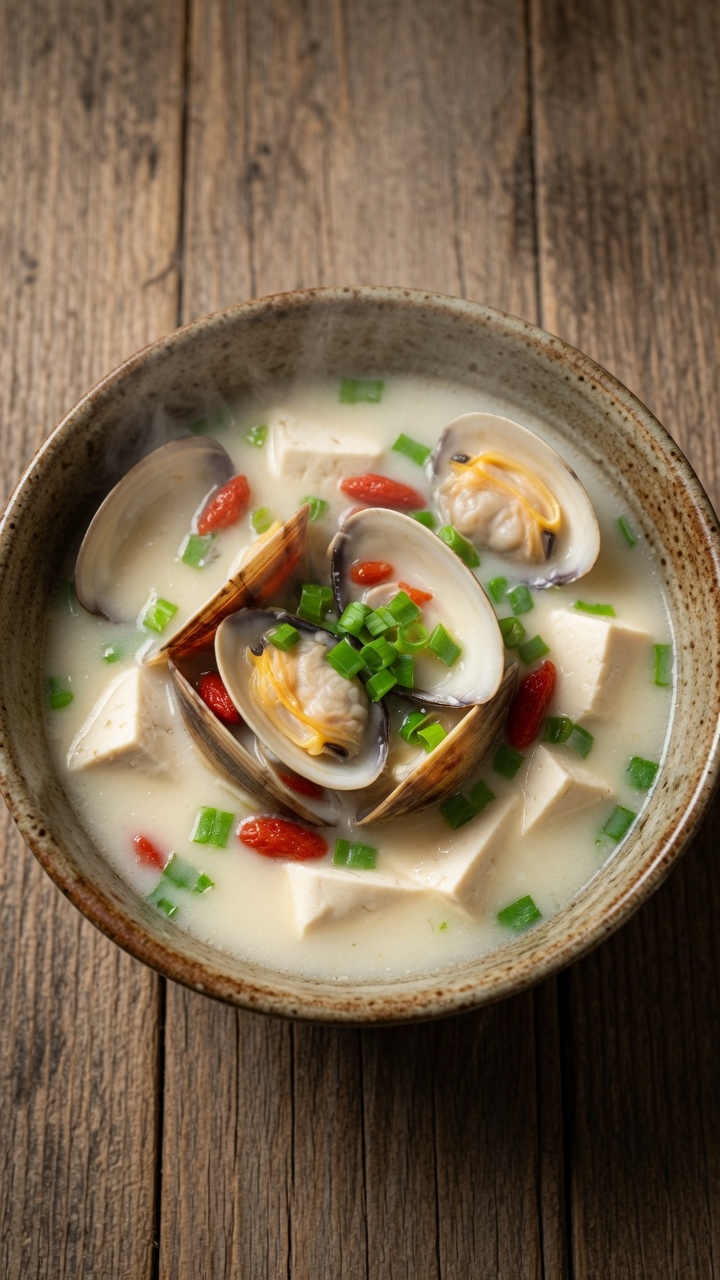 Zuppa cremosa di cernia, vongole e tofu