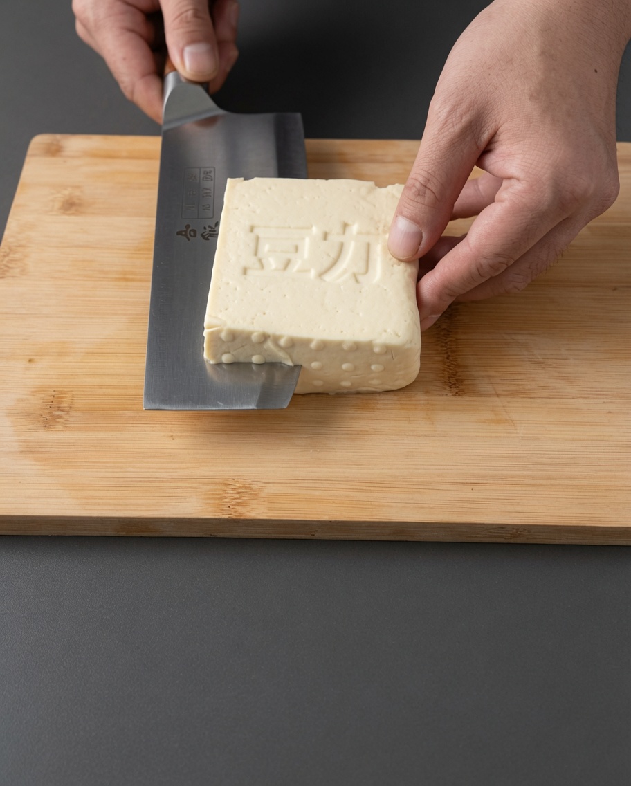 Un panetto di tofu sodo tagliato a cubetti uniformi su un tagliere di legno.