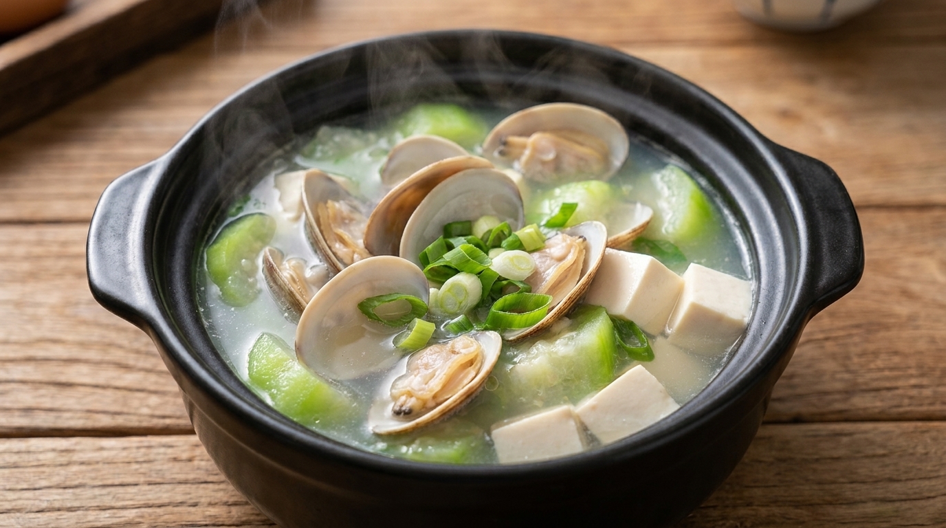 Una ciotola fumante di zuppa di luffa, vongole e tofu in brodo limpido con vongole fresche, tofu morbido e fettine di luffa tenera.