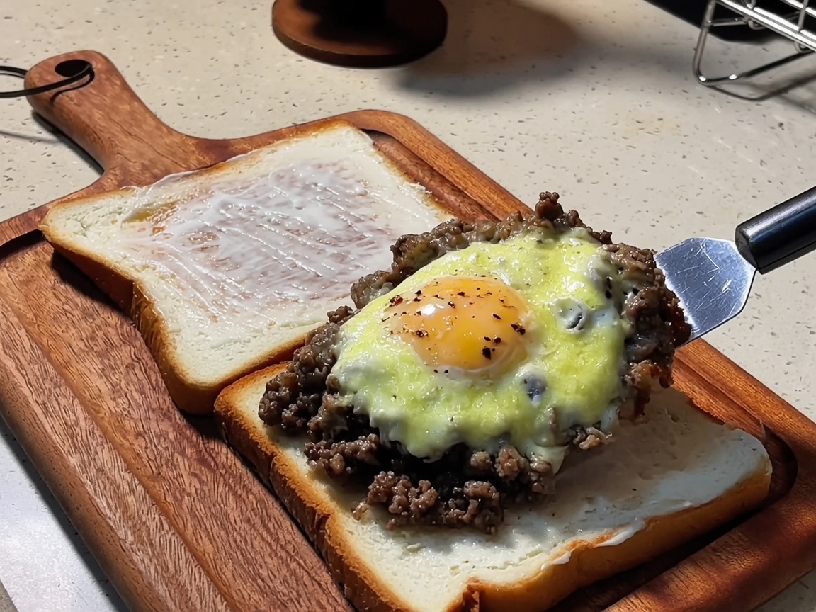 Una spatola che adagia il composto di manzo, formaggio e uovo su una fetta di pane tostato.