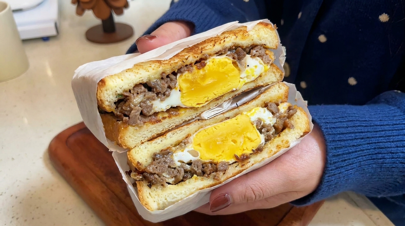 Panino sostanzioso con manzo, formaggio e uovo