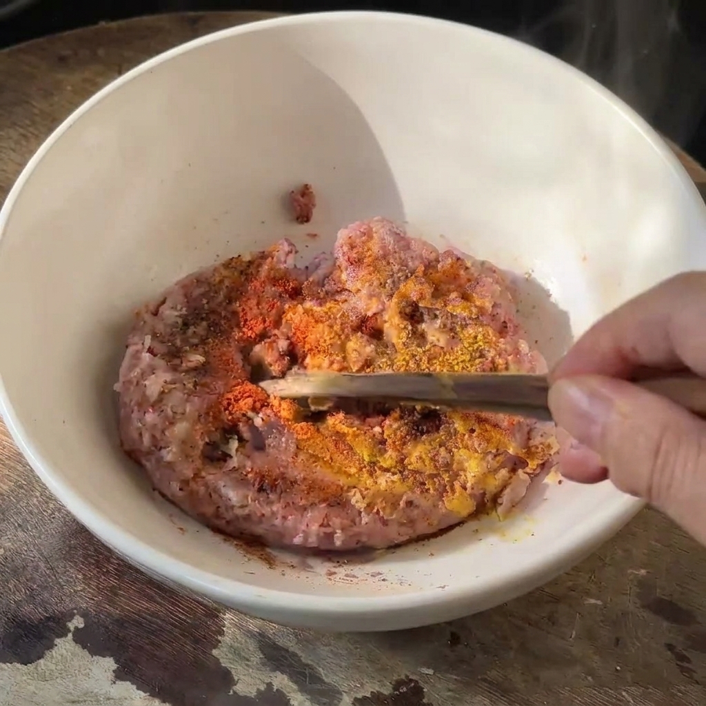 Manzo macinato crudo in una ciotola bianca condito con paprika rossa e spezie usando le bacchette.