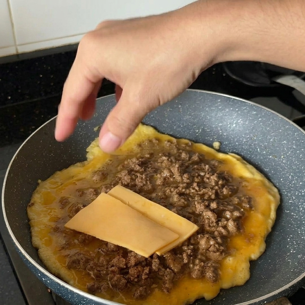 Una mano che posiziona due fette rettangolari di cheddar giallo sul composto caldo di manzo e uova in una padella.