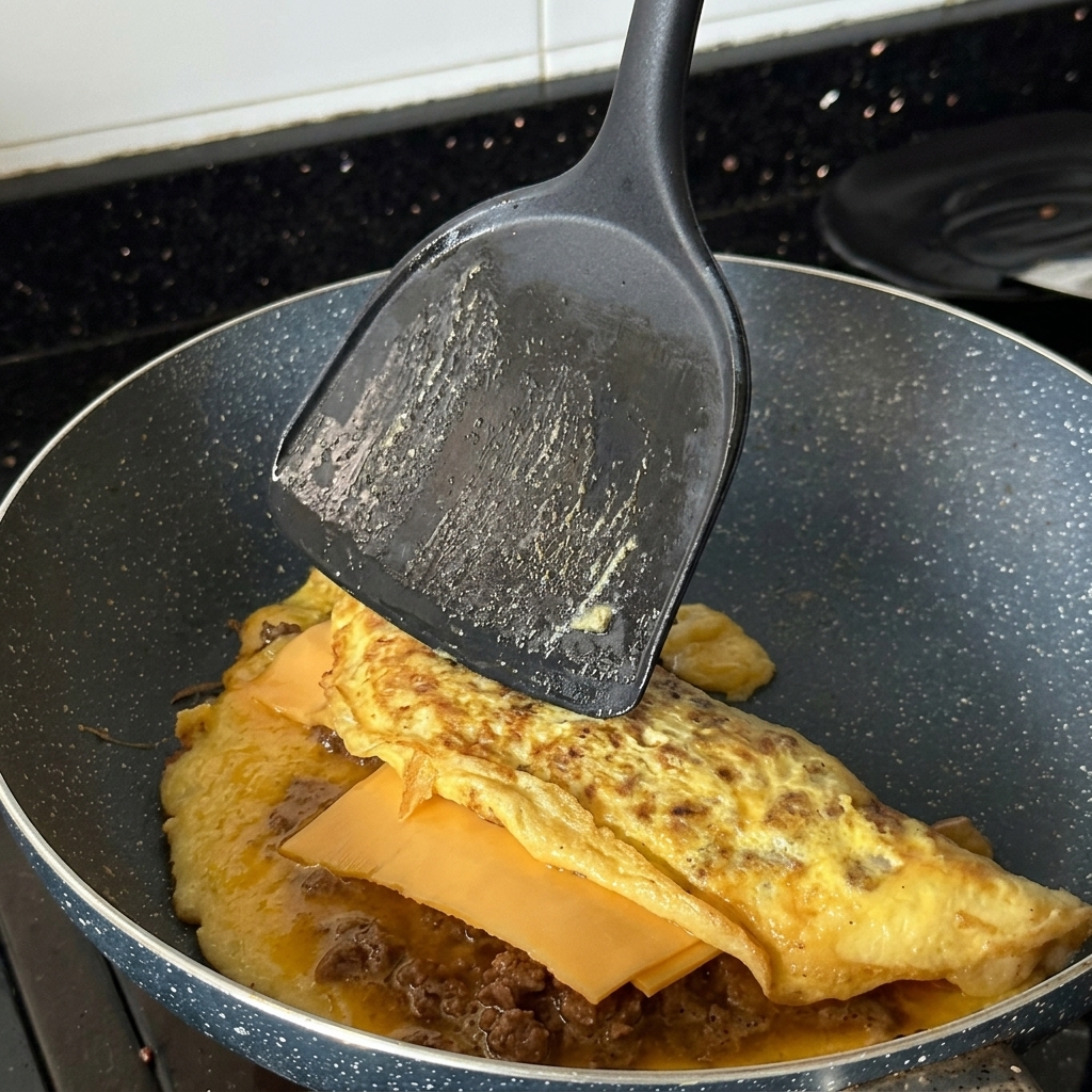 Una spatola nera che solleva e piega a metà una frittata dorata di uova e manzo in una padella calda.