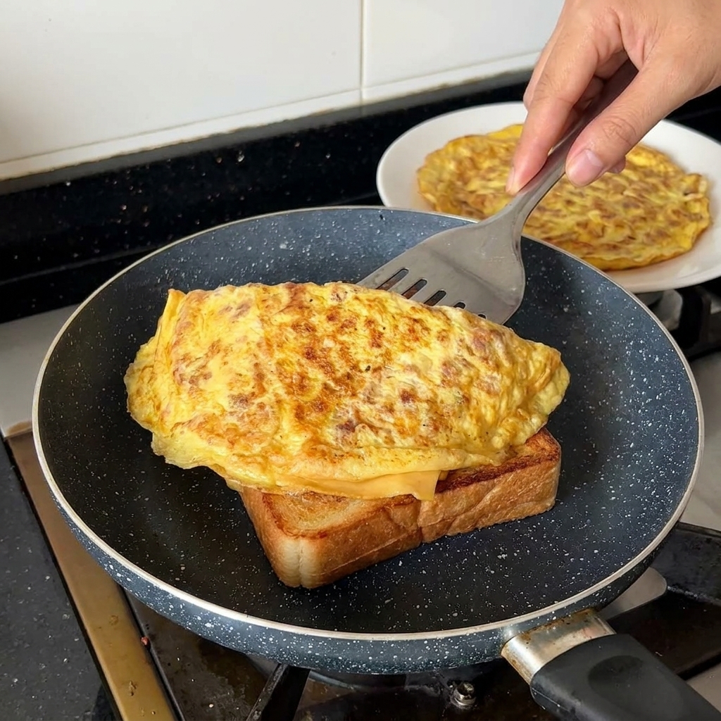 Una mano che usa una spatola per posizionare con cura una spessa frittata piegata di uova e manzo sopra una spessa fetta di pane tostato in una padella.