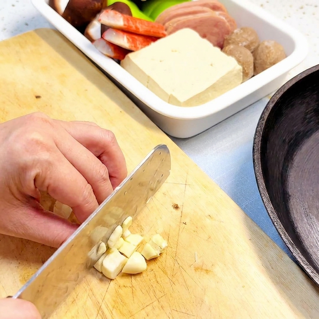 Aglio, cipollotti e cipolle rosse appena tritati.