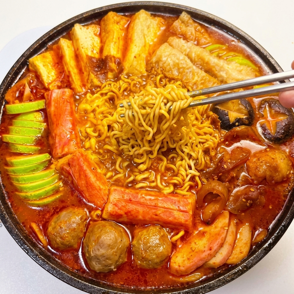 Ingredienti colorati come tofu, polpette di pesce e zucchine disposti a raggiera.