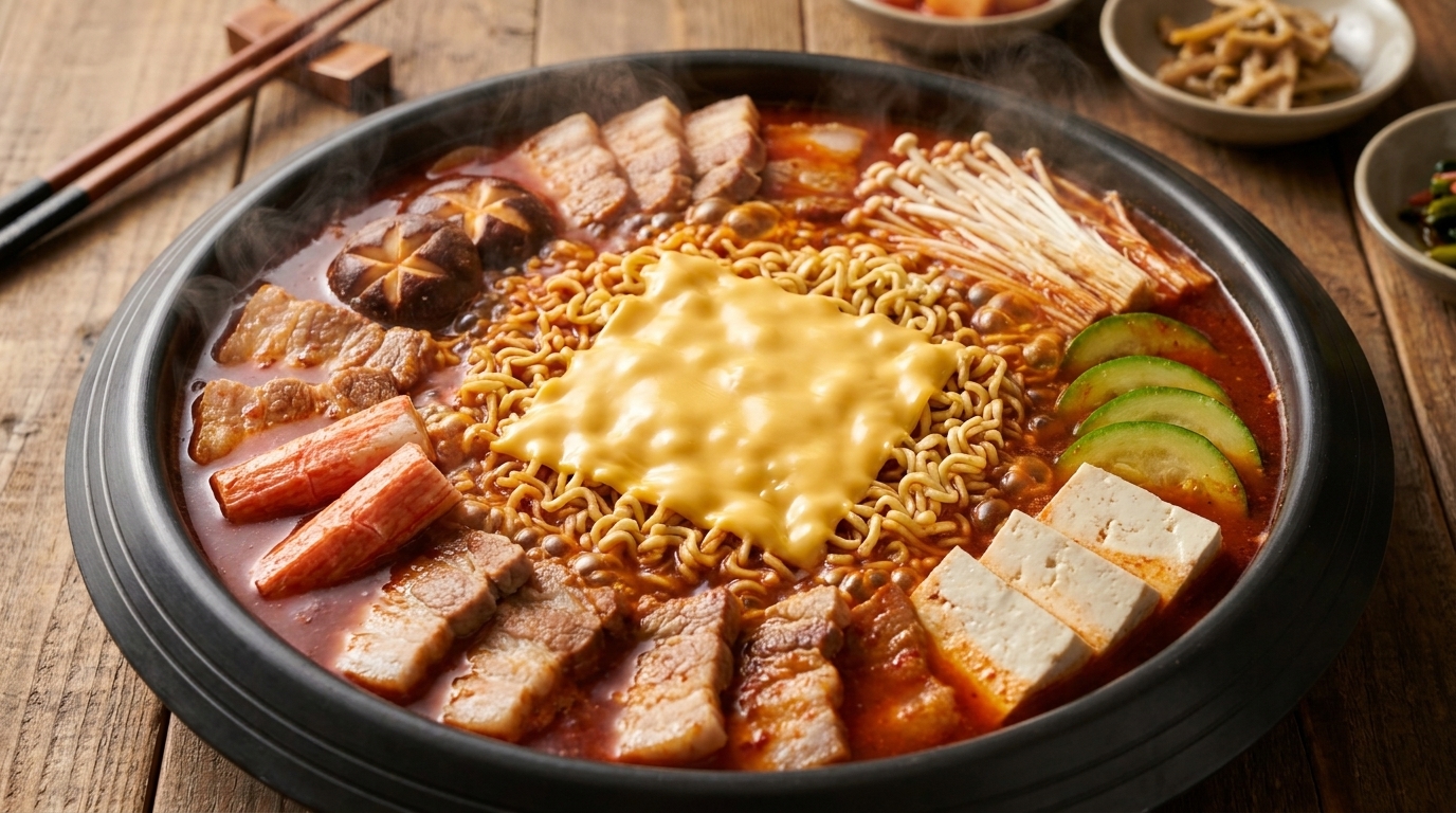 Una pentola fumante di Budae Jjigae guarnita con noodles istantanei e formaggio fuso, circondata da verdure e carni colorate.