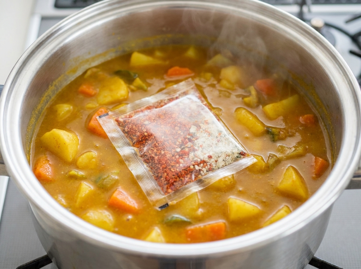 Una bustina di polvere di condimento per ramen secco svuotata in una pentola di stufato di kimchi sobbollente con verdure visibili.