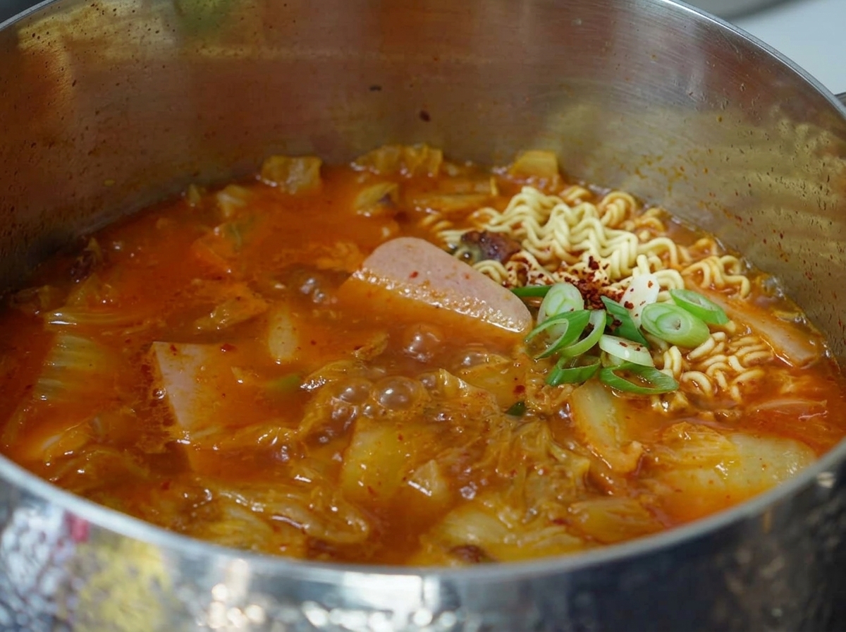 Due blocchi di noodles ramen secchi e ondulati posizionati direttamente nello stufato di kimchi rosso bollente.