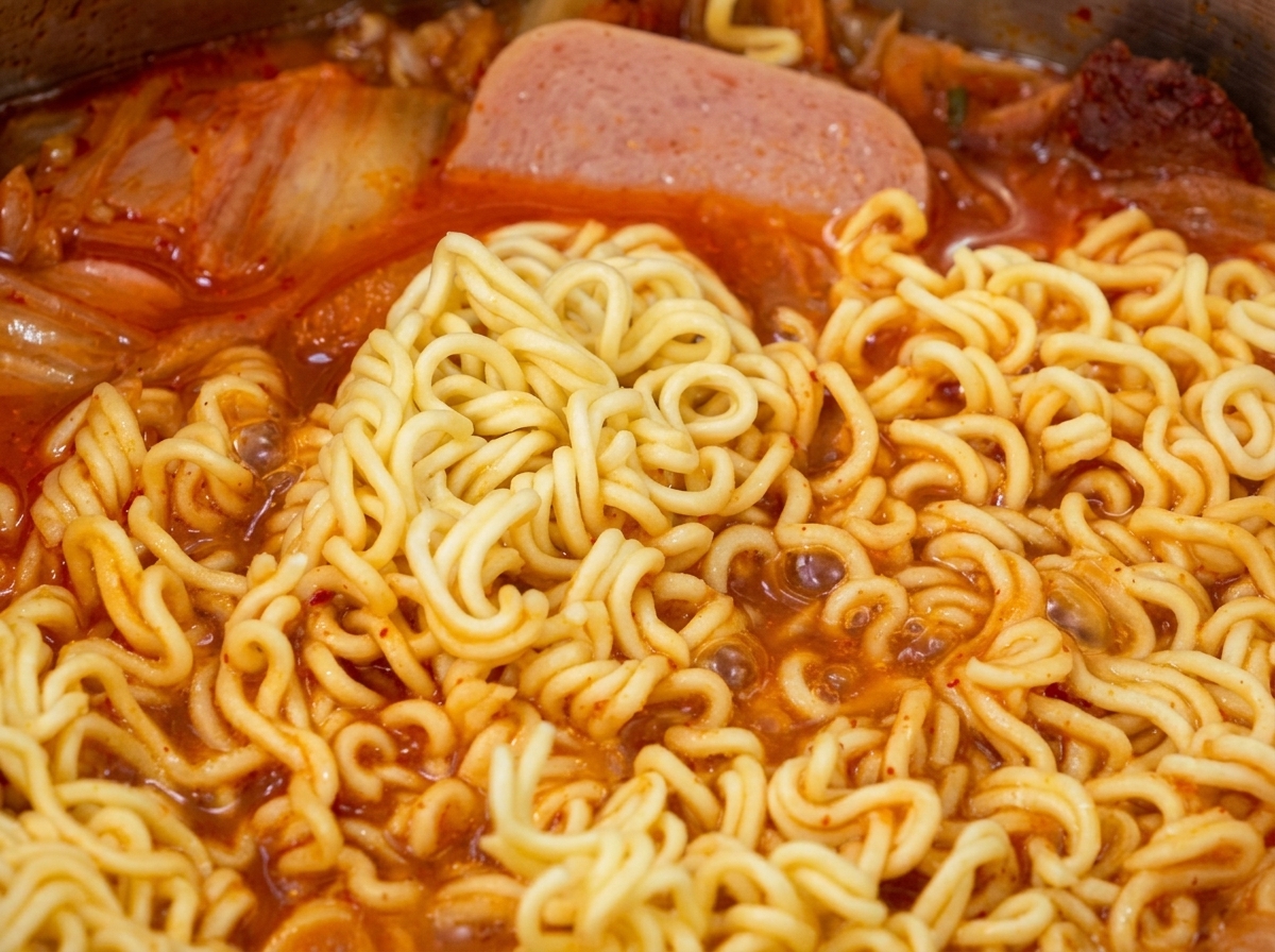 Primo piano di pinze che mescolano i noodles ramen ammorbiditi in uno stufato vibrante di kimchi rosso e salsiccia in una pentola di acciaio inossidabile.