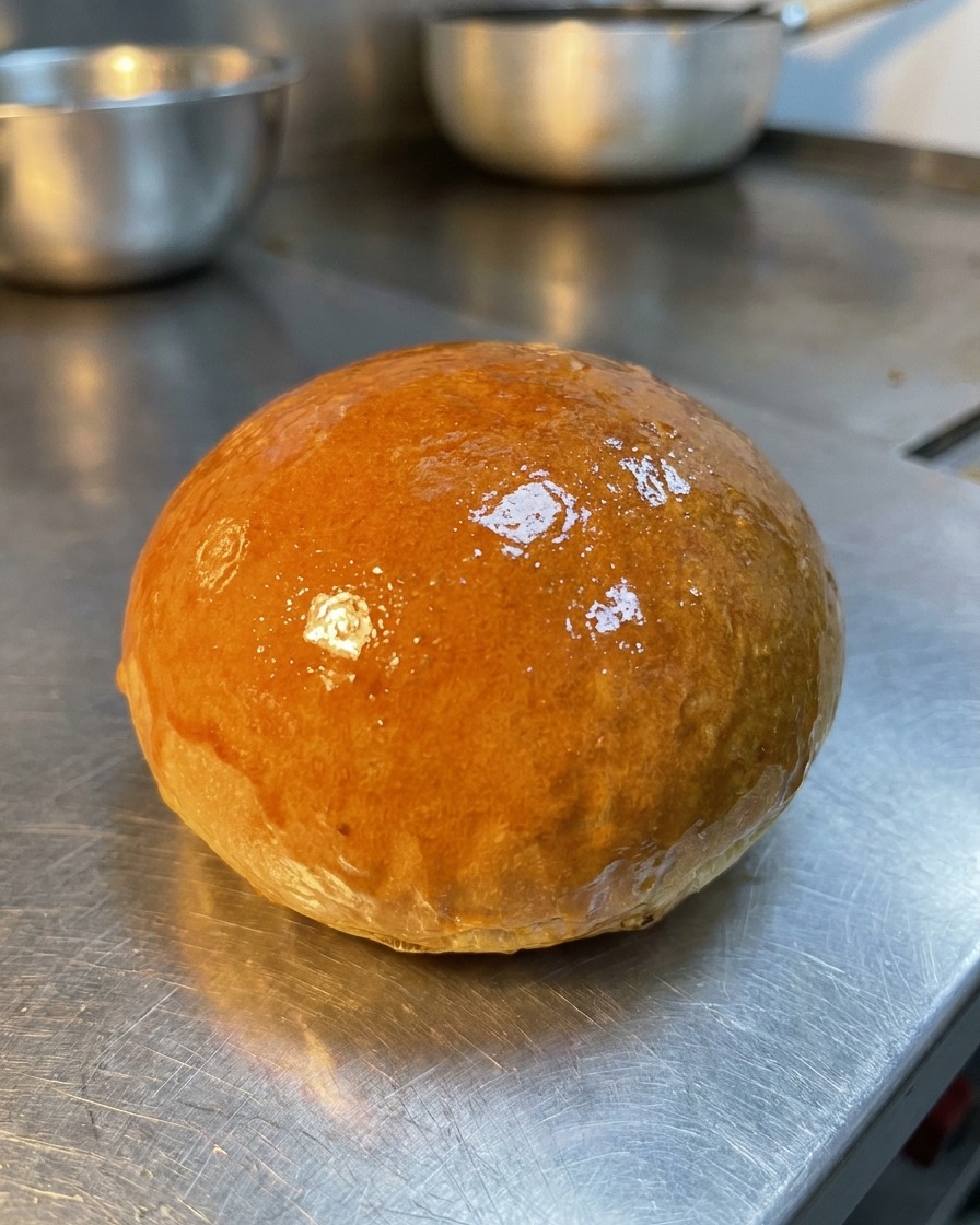 Un panino tagliato a metà tostato su una piastra, che mostra la superficie dorata e burrosa.