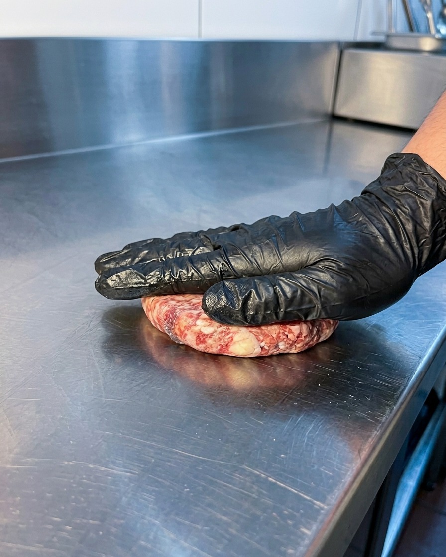 Una mano guantata che preme un patty di manzo crudo su una superficie di una piastra in acciaio inox calda.