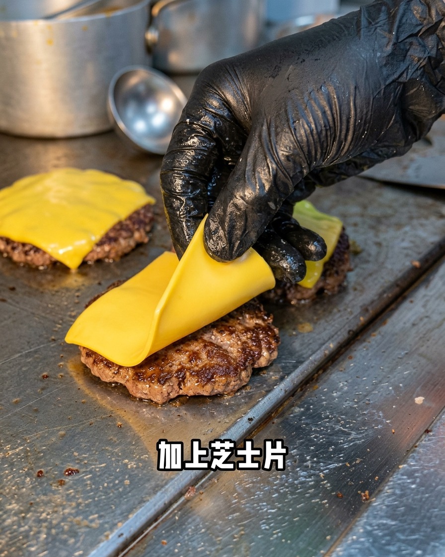 Una fetta di formaggio giallo posizionata su un patty di manzo che sfrigola sulla piastra.