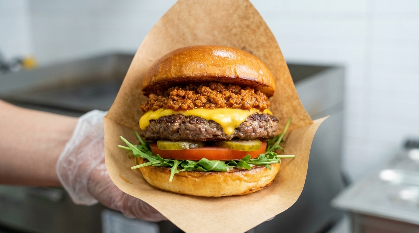 Un burger gourmet al sugo di carne piccante con patty ben rosolato, formaggio fuso e ingredienti freschi.