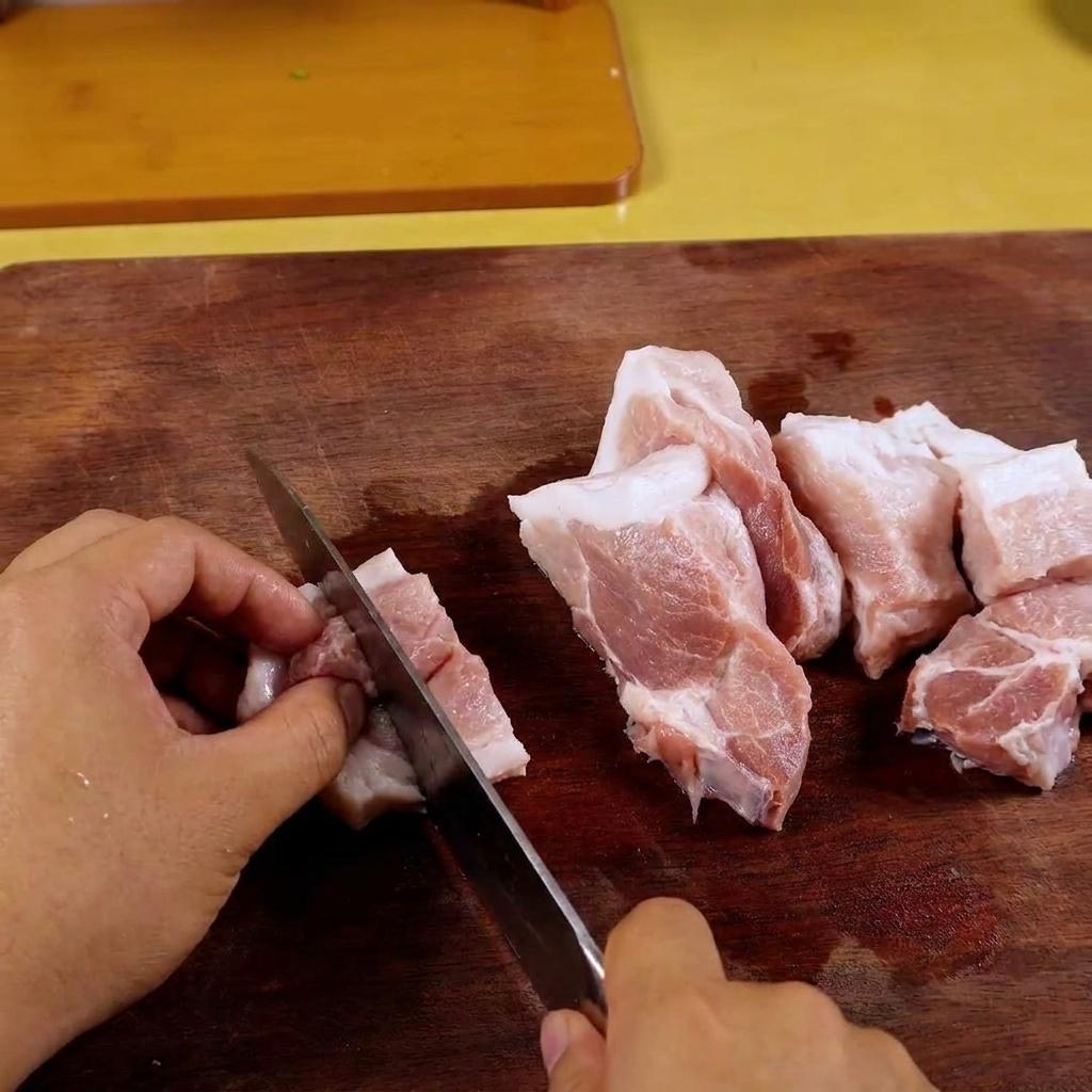 Carne di maiale cruda tritata finemente allinterno di un robot da cucina.