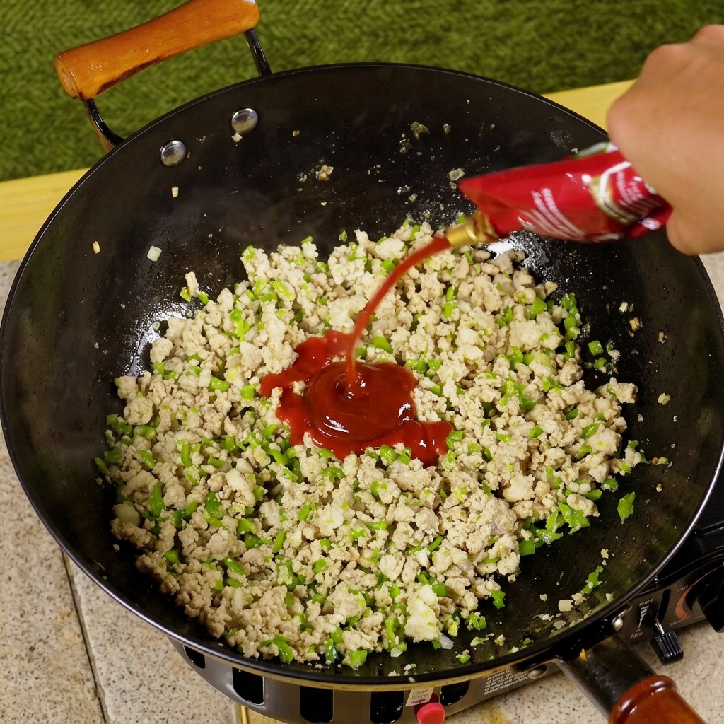 Concentrato di pomodoro e vari condimenti aggiunti in una padella con carne e peperoncino saltati.