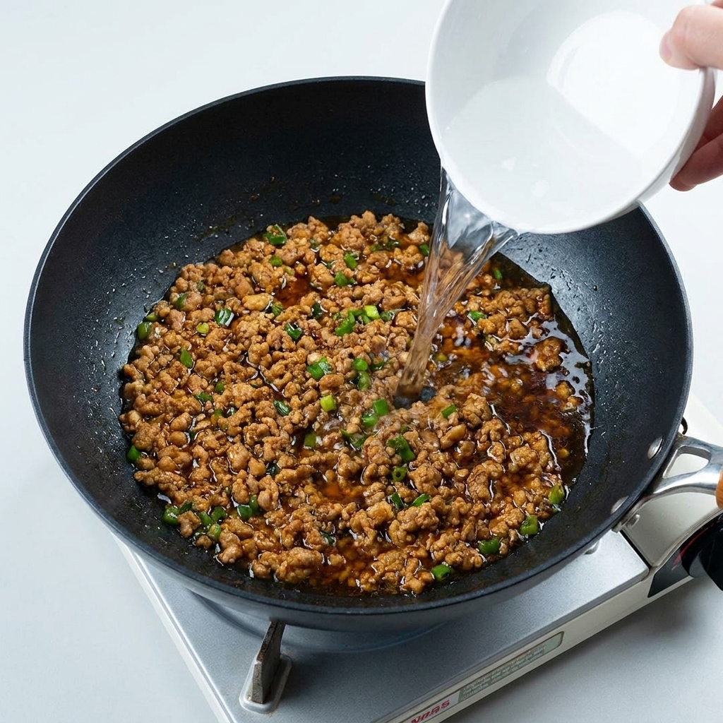 Una piccola quantità dacqua versata nella padella sopra il composto di carne condita per iniziare a far sobbollire.
