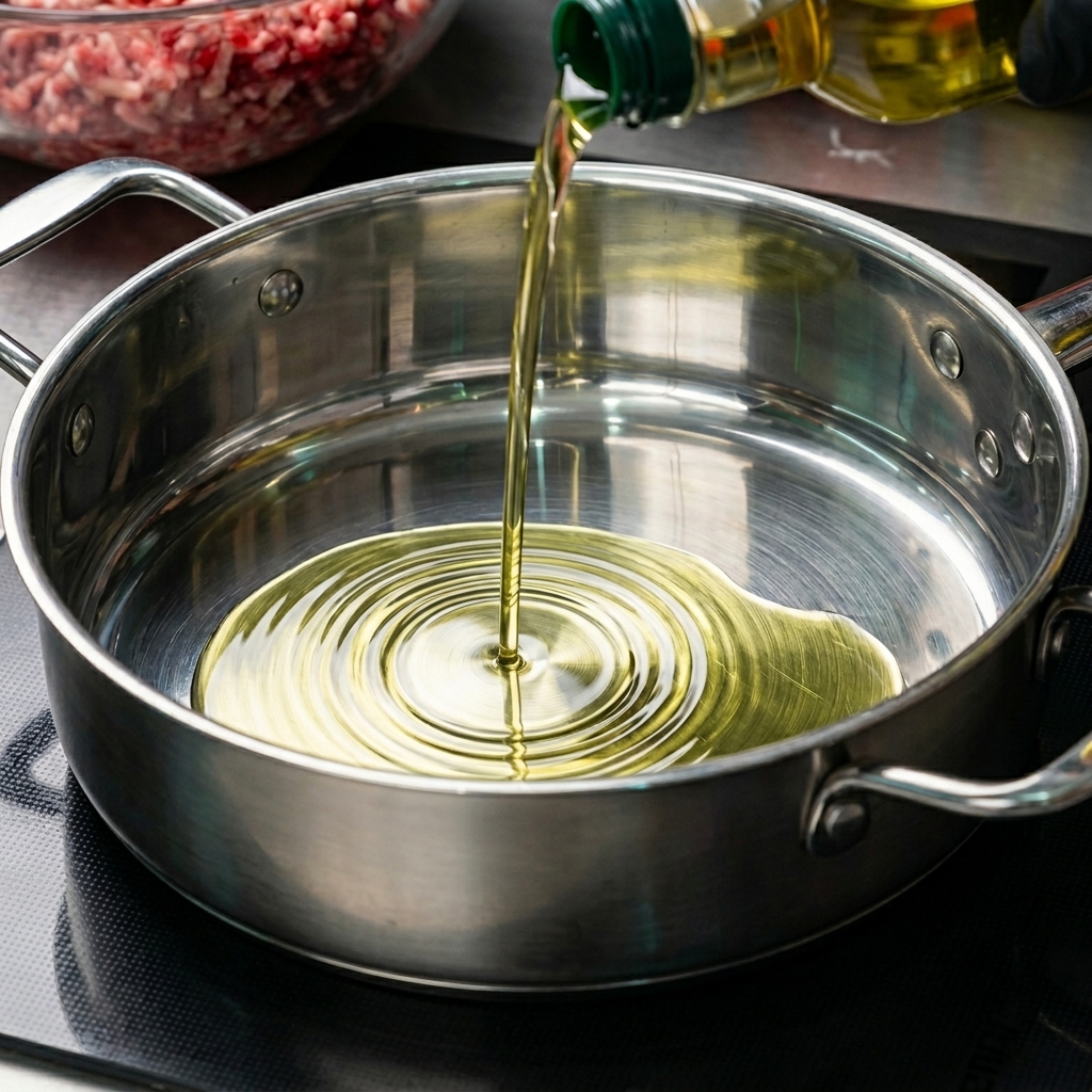 Olio doliva versato in una padella pulita e vuota in acciaio inossidabile su un piano cottura.