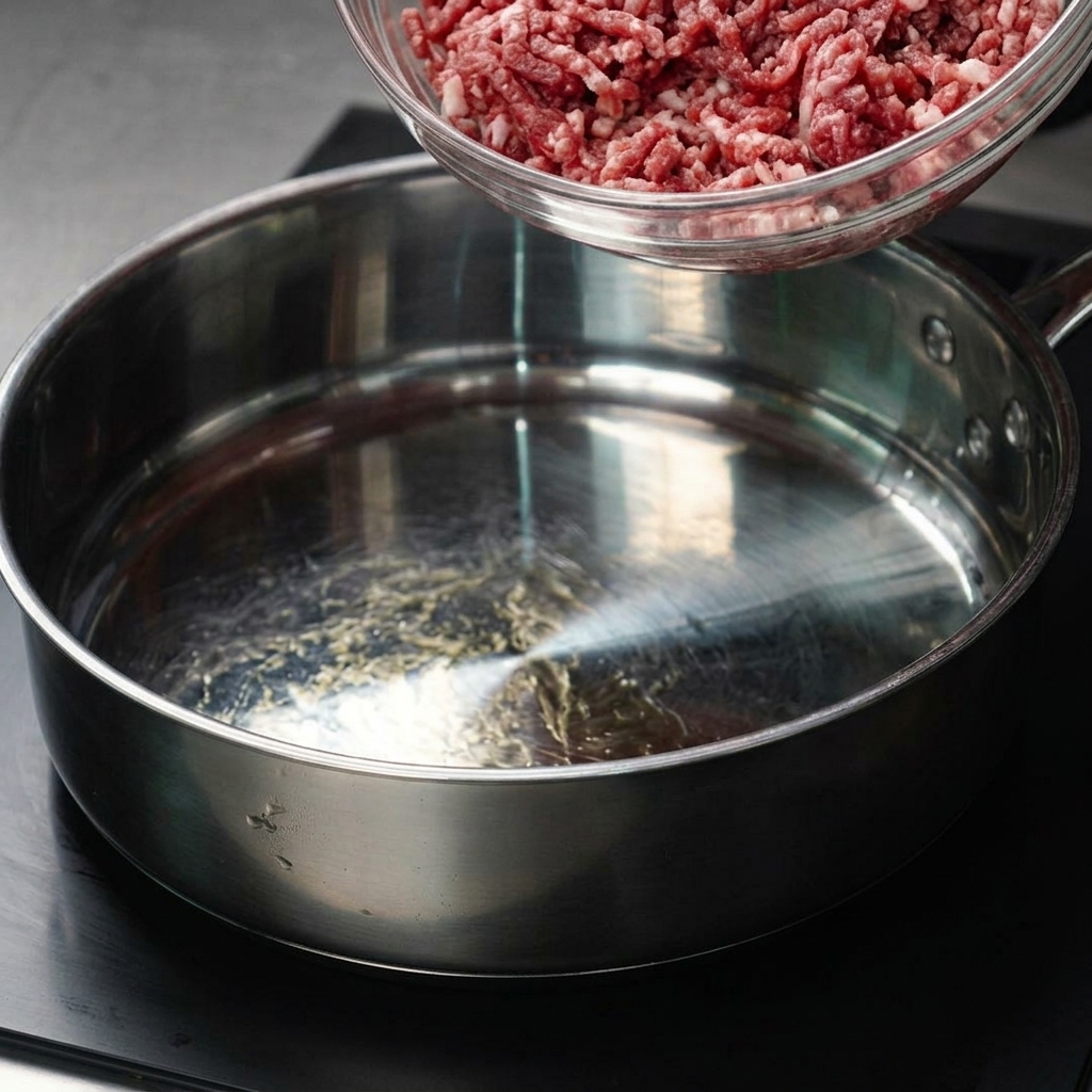 Carne macinata trasferita da una ciotola di vetro in una padella calda.