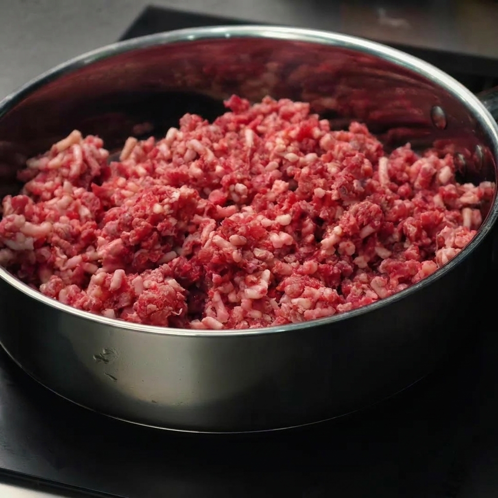 Carne macinata mescolata in una padella finché non è ben rosolata e cotta.