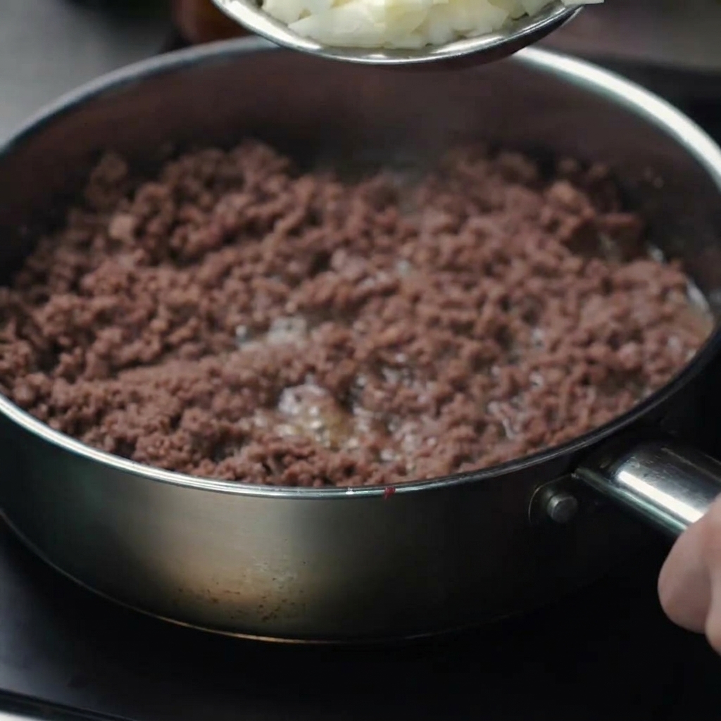 Cipolla a dadini e aglio tritato versati nella padella con la carne rosolata.