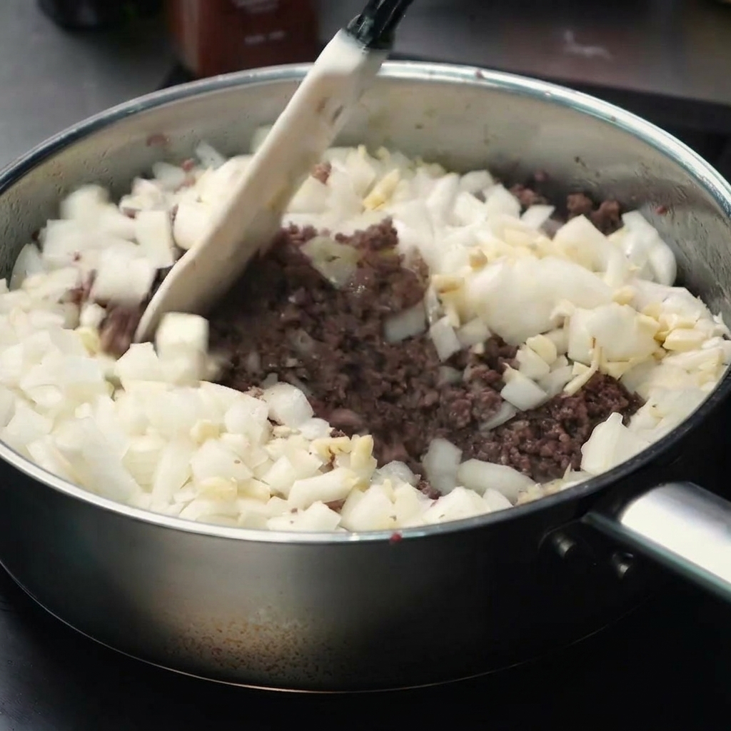 Carne macinata e cipolle a dadini soffritte insieme in una padella.