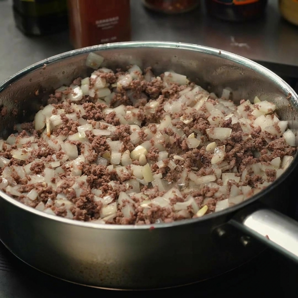 Ketchup aggiunto alla padella contenente la carne cotta e il composto di cipolla.