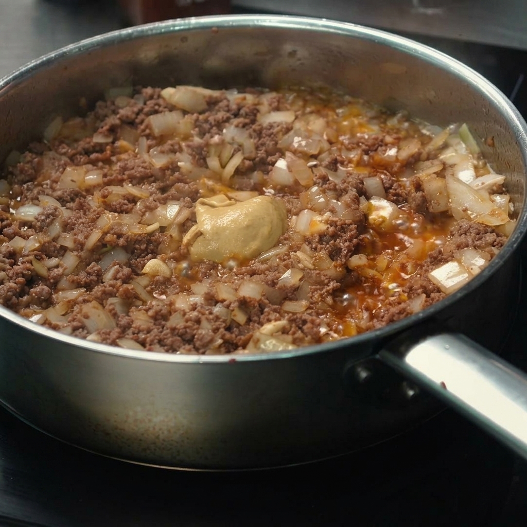 Senape di Digione mescolata alla carne macinata e al composto di cipolla nella padella.