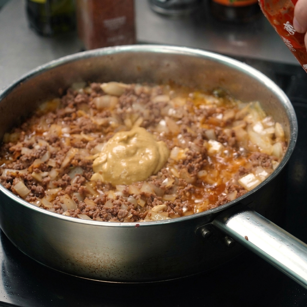 Salsa Sriracha versata sopra la carne in cottura e il composto di cipolla.