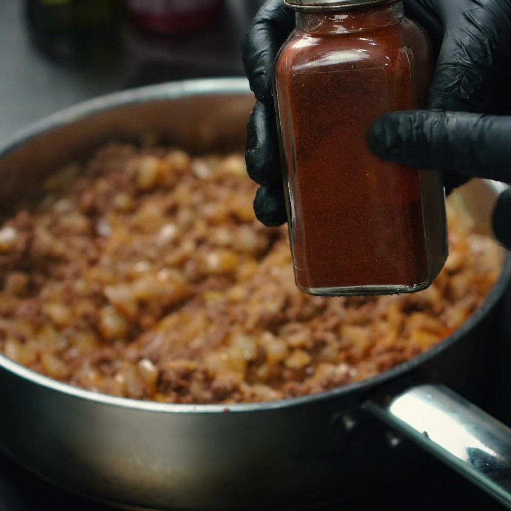 Peperoncino chipotle in polvere spolverato nella padella sul composto di carne.