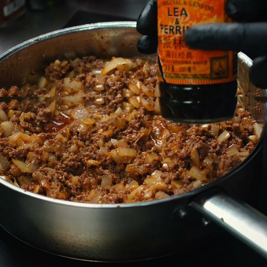 Salsa Worcestershire versata nella padella con la carne macinata condita.