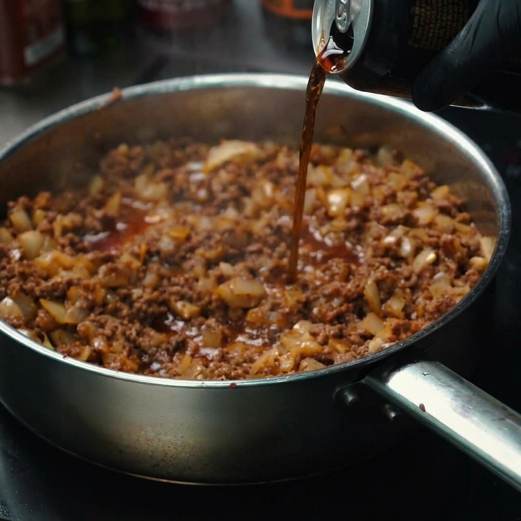 Birra scura versata da una lattina nella padella con la carne macinata condita.