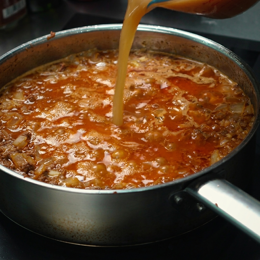 Brodo di manzo versato nella padella, pronto per sobbollire con la carne e le spezie.