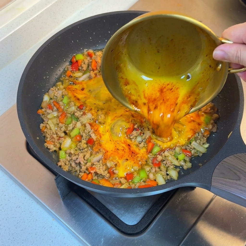 Uova sbattute versate sul composto di carne e verdure in padella.
