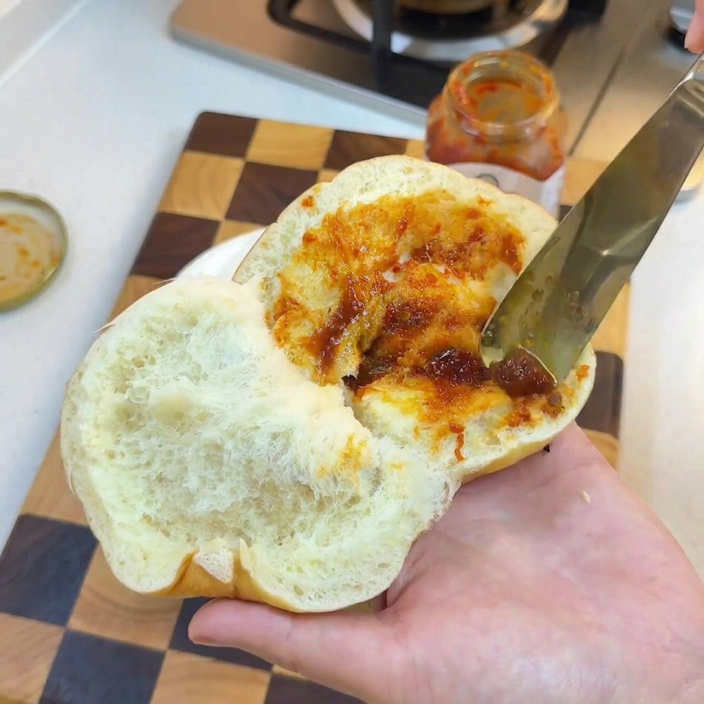 Un panino per burger tagliato e tostato tenuto in mano, con un coltello che spalma salsa saporita e maionese sullinterno morbido.