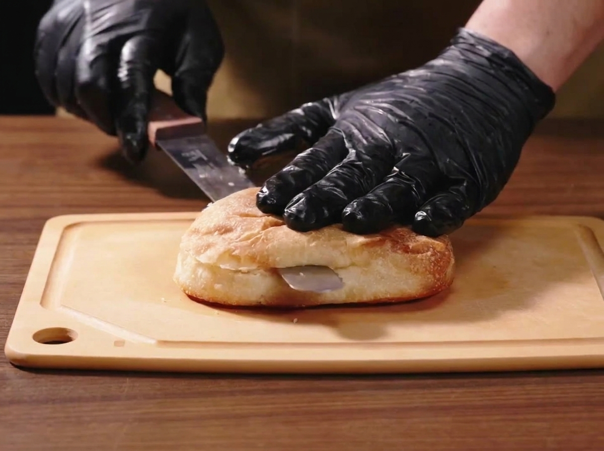 Mani con guanti che usano un coltello seghettato per tagliare un panino a metà su un tagliere di legno.