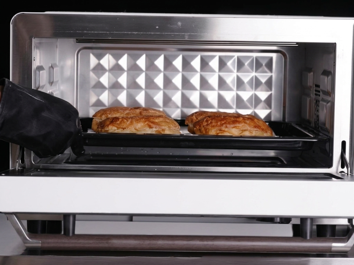 Le due metà del panino disposte su una teglia nera, posizionata allinterno del forno per la tostatura.