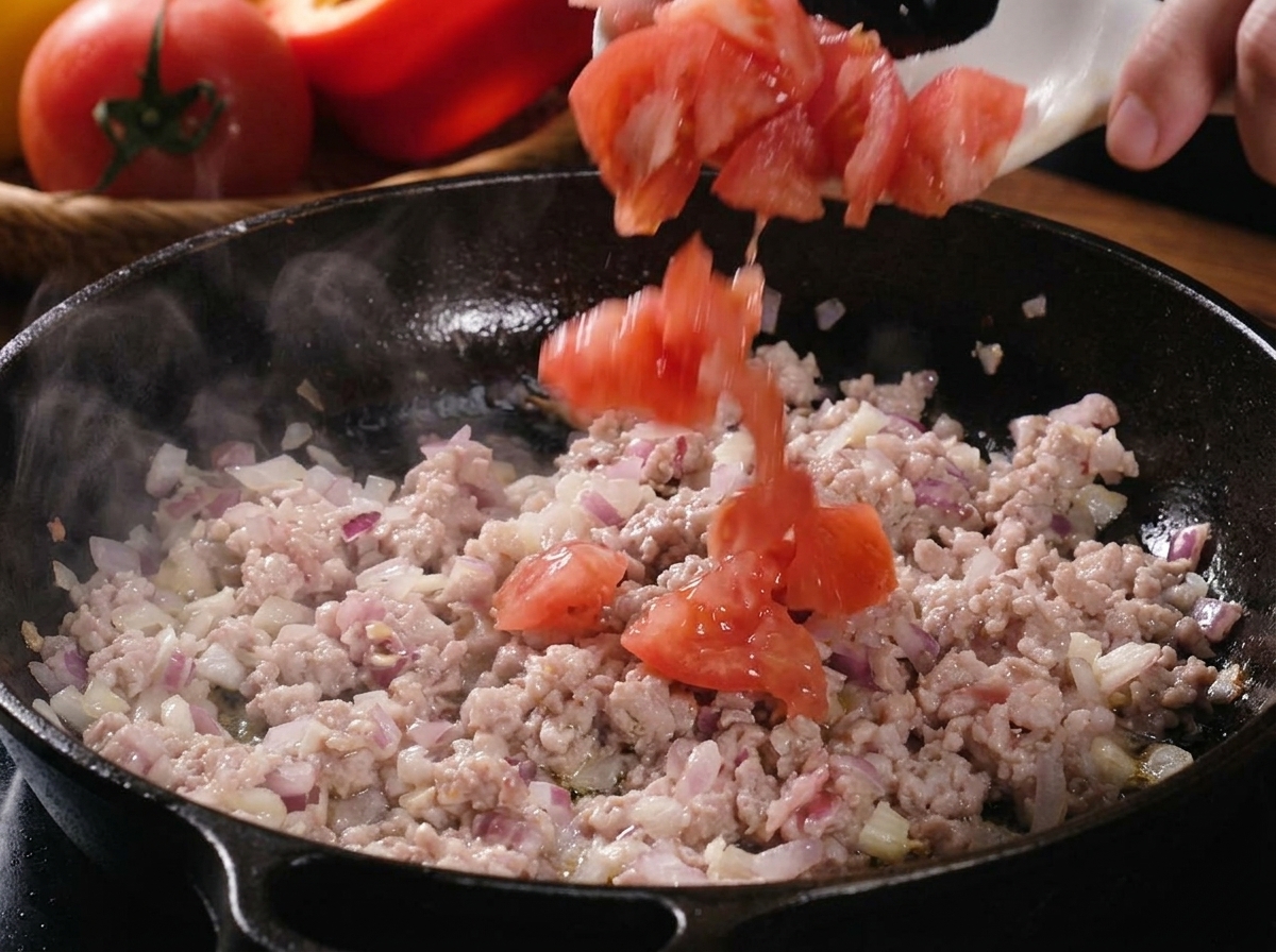 Pomodori freschi a pezzi e peperoni a cubetti aggiunti al composto di maiale rosolato nella padella.