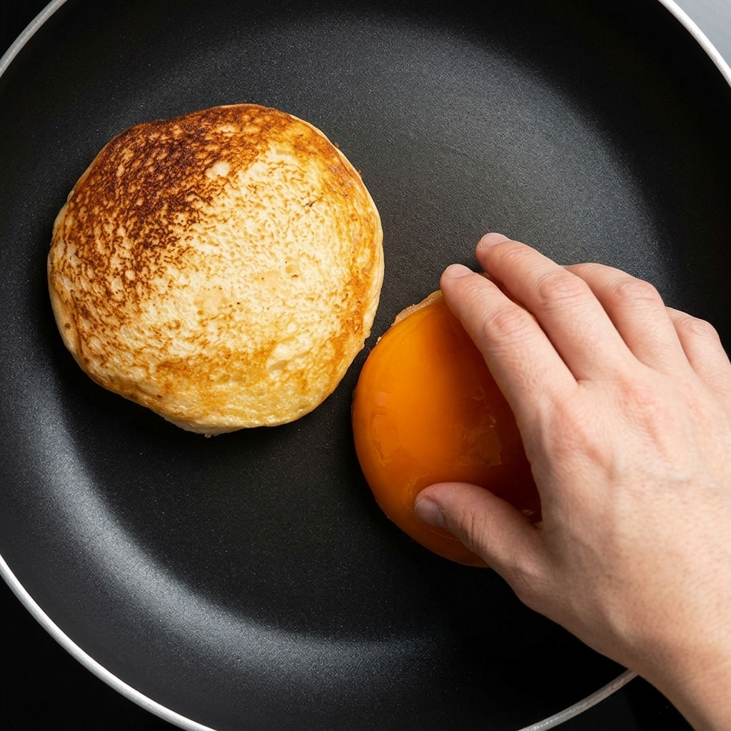 La parte tagliata dei panini per hamburger tostata fino a una doratura perfetta in padella.