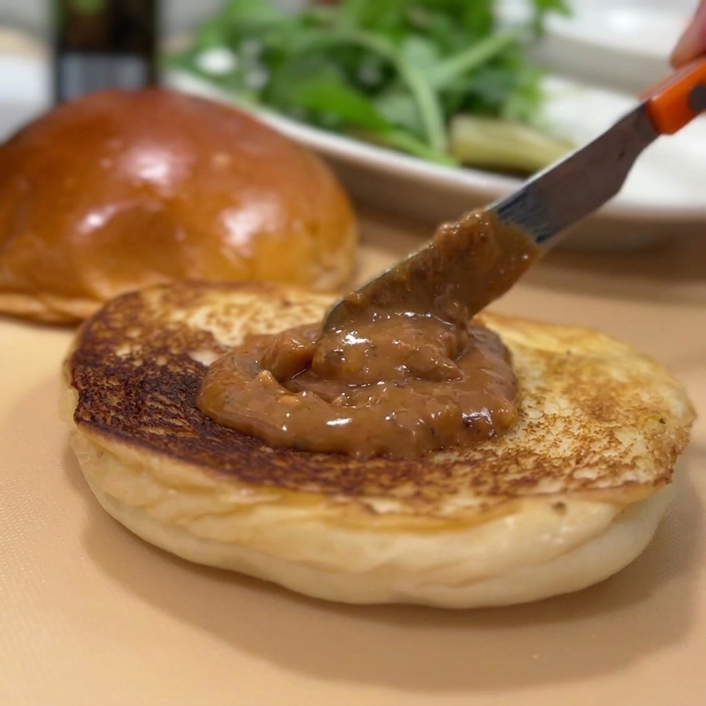 Un coltello che spalma in modo uniforme una densa salsa di arachidi sulla base tostata di un panino per hamburger.